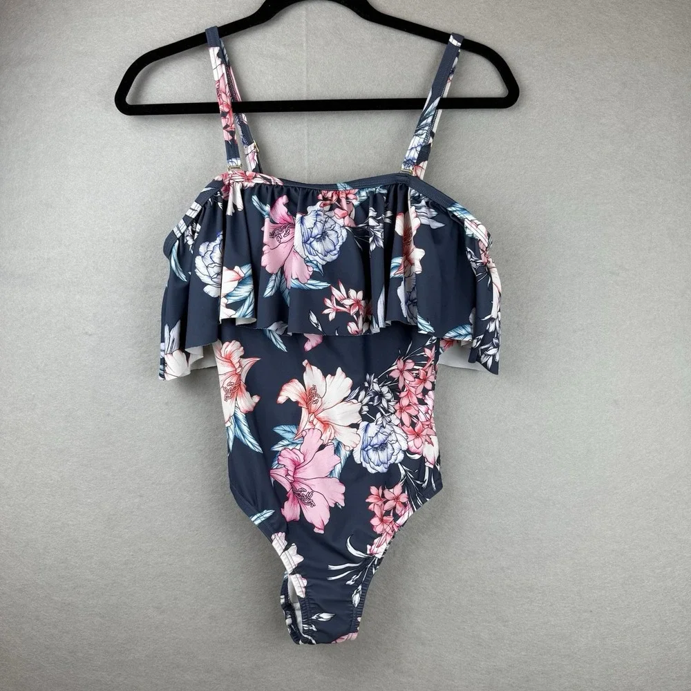 Venus Floral One‎ Piece Swimsuit Womens Sz 6 Navy Ruffle Off Shoulder Tropical